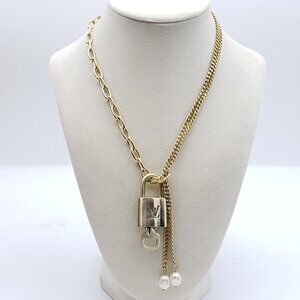Stainless Steel Gold-Plated Necklace with Authentic Louis Vuitton Padlock